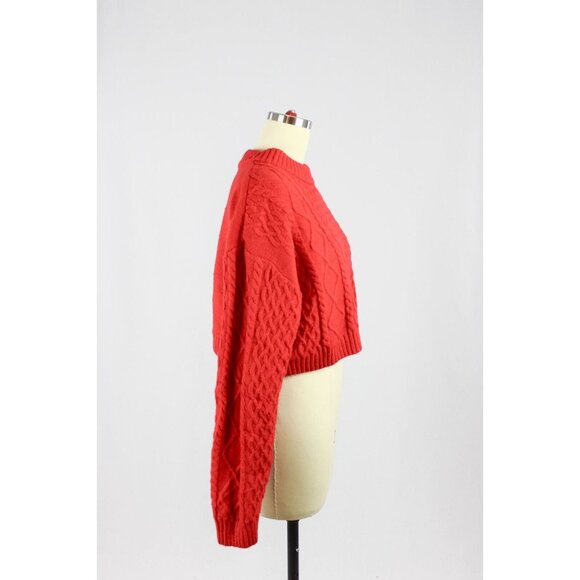 H&M Red Wool Blend Cable Knit Crew Neck Cropped Sweater, Size S - Picture 4 of 14